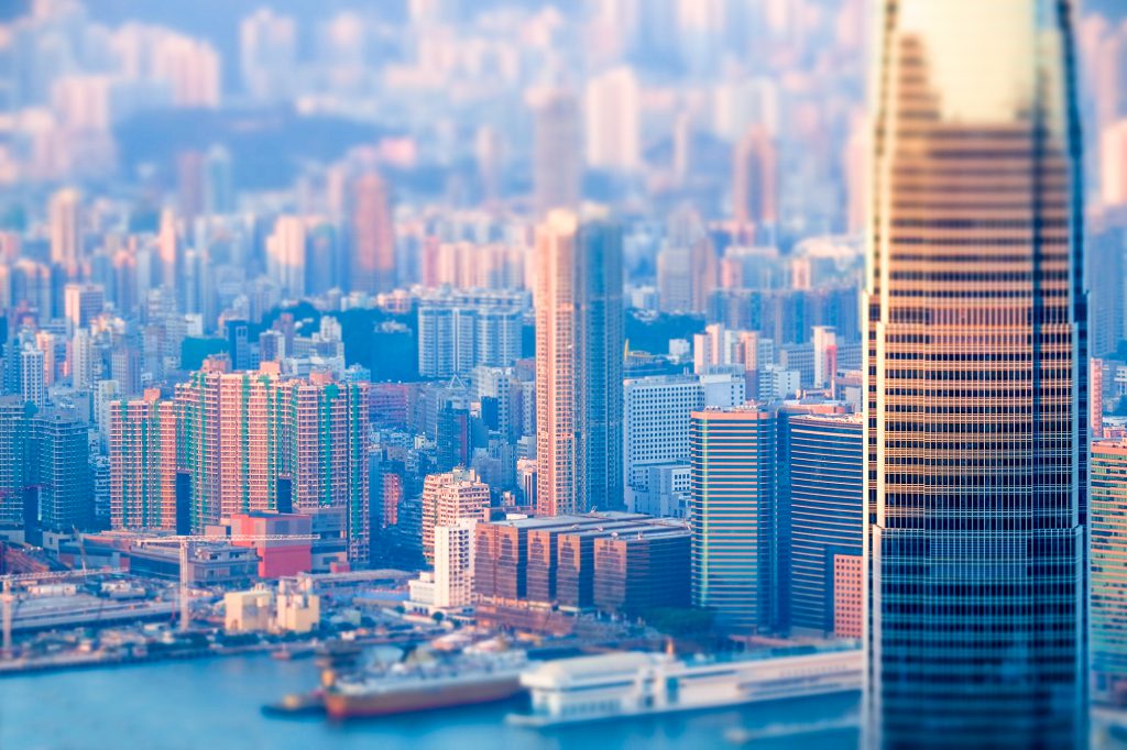 Abstract futuristic cityscape. Hong Kong. Tilt shift effect